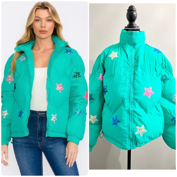 Fantastic Fawn Jackets & Blazers - Teal Green Star Sequins Zip Up Puffer Jacket